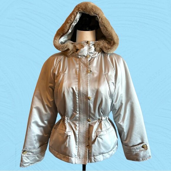 Max Mara Weekend silver winter jacket cinched waist rabbit fur hood. - Picture 2 of 12